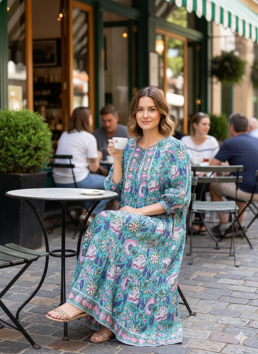 Teal Floral Hand Block Printed Cotton Midi Dress – Puff Sleeve Boho Dress