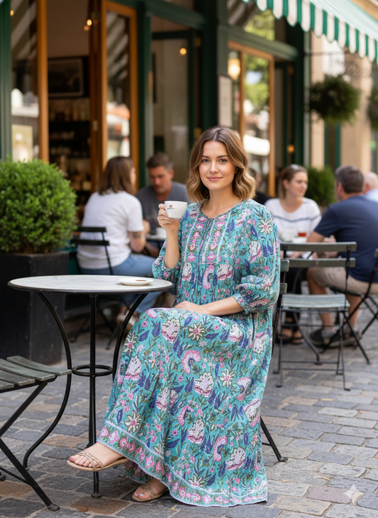 Teal Floral Hand Block Printed Cotton Midi Dress – Puff Sleeve Boho Dress