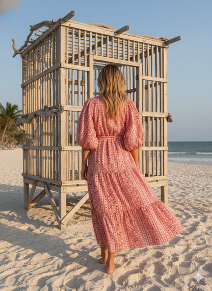 Pink Floral Stripe Hand Block Printed Cotton Maxi Dress – Boho Tiered Indian Long Dress
