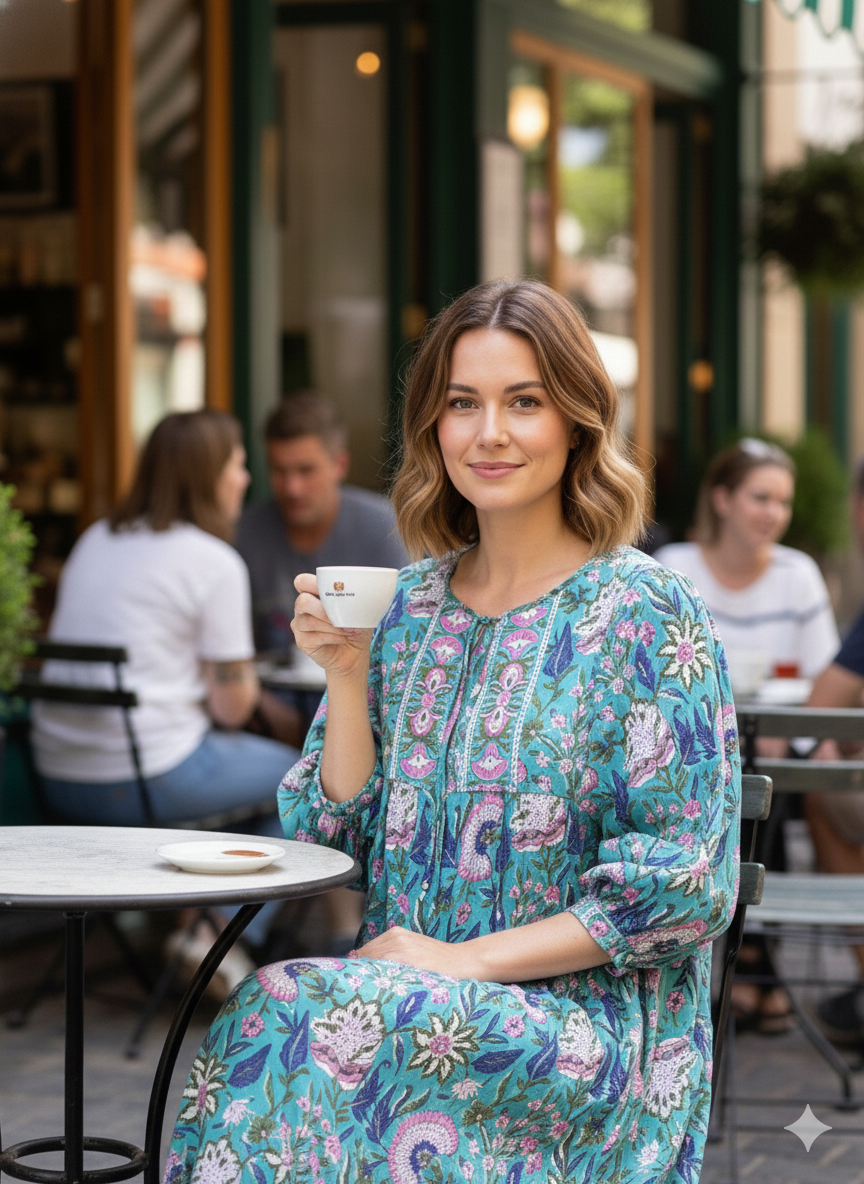 Teal Floral Hand Block Printed Cotton Midi Dress – Puff Sleeve Boho Dress