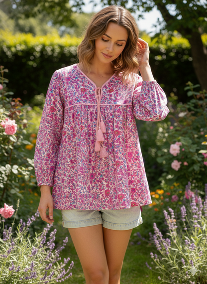 pink and blue screen printed cotton blouse for women