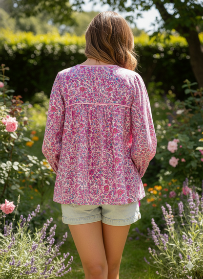 pink and blue screen printed cotton blouse for women