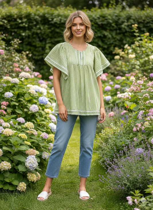 green plaid cotton blouse with v neck and short sleeves