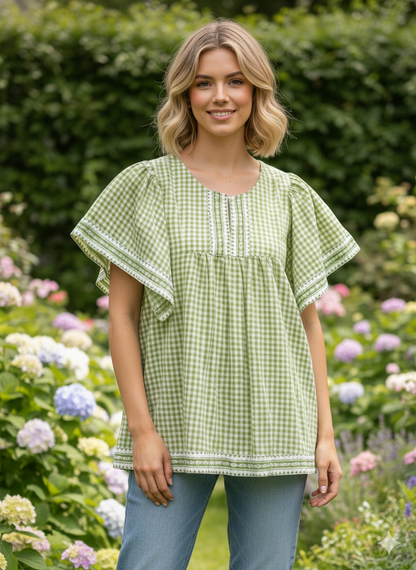 green plaid cotton blouse with v neck and short sleeves