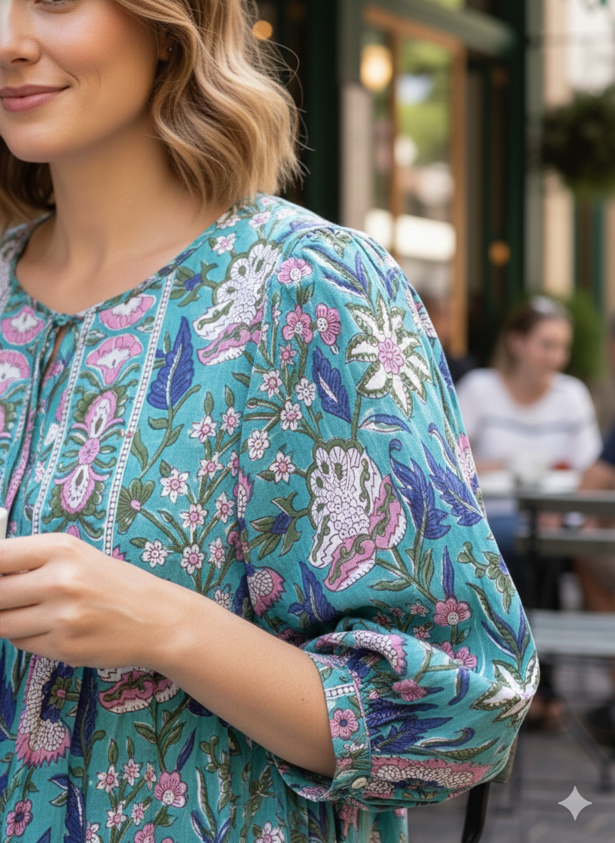 Teal Floral Hand Block Printed Cotton Midi Dress – Puff Sleeve Boho Dress