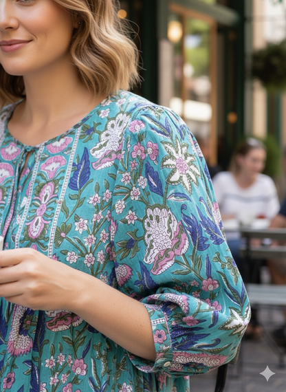 Teal Floral Hand Block Printed Cotton Midi Dress – Puff Sleeve Boho Dress