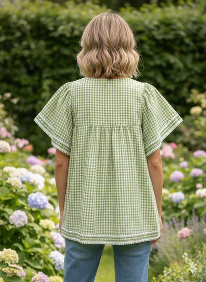 green plaid cotton blouse with v neck and short sleeves