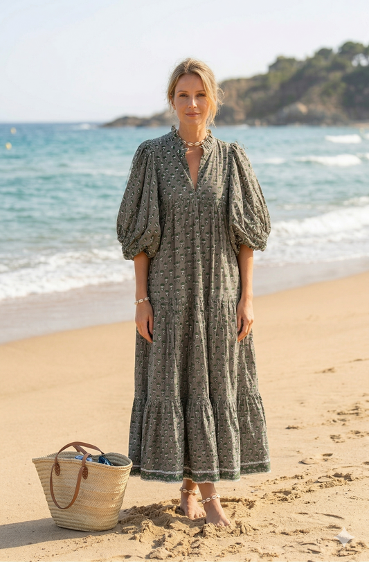 Olive Green Floral Hand Block Print Cotton Maxi Dress – Boho Puff Sleeve Tiered Summer Dress