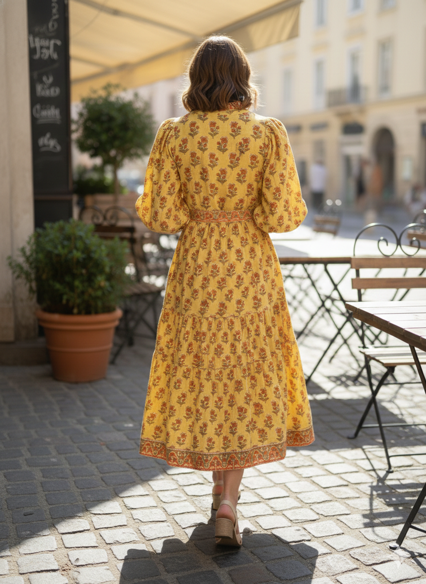 Mustard Yellow Floral Hand Block Printed Cotton Maxi Dress – Boho Tiered Indian Long Dress