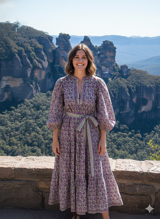 Lavender Green Floral Hand Block Printed Cotton Maxi Dress – Boho Tiered Indian Long Dress
