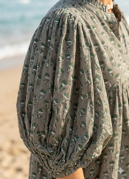 Olive Green Floral Hand Block Print Cotton Maxi Dress – Boho Puff Sleeve Tiered Summer Dress