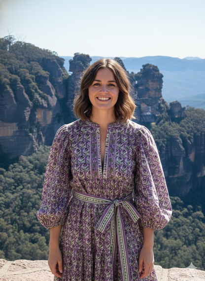 Lavender Green Floral Hand Block Printed Cotton Maxi Dress – Boho Tiered Indian Long Dress