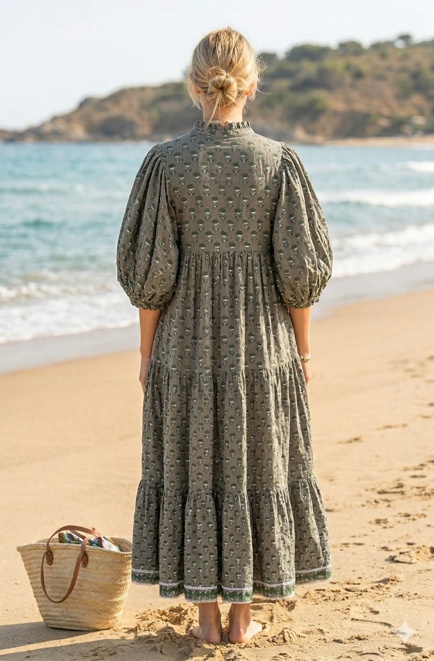 Olive Green Floral Hand Block Print Cotton Maxi Dress – Boho Puff Sleeve Tiered Summer Dress