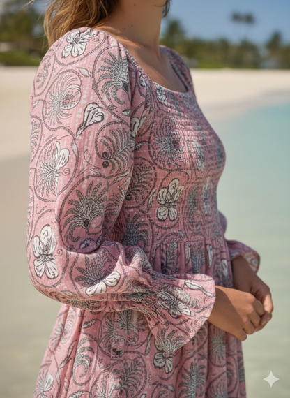 Pink Floral Hand Block Printed Cotton Midi Dress – Smocked Bodice Puff Sleeve Boho Dress