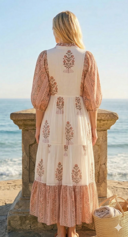 Rose Red Floral Hand Block Print Cotton Maxi Dress – Indian Boho Tiered Style