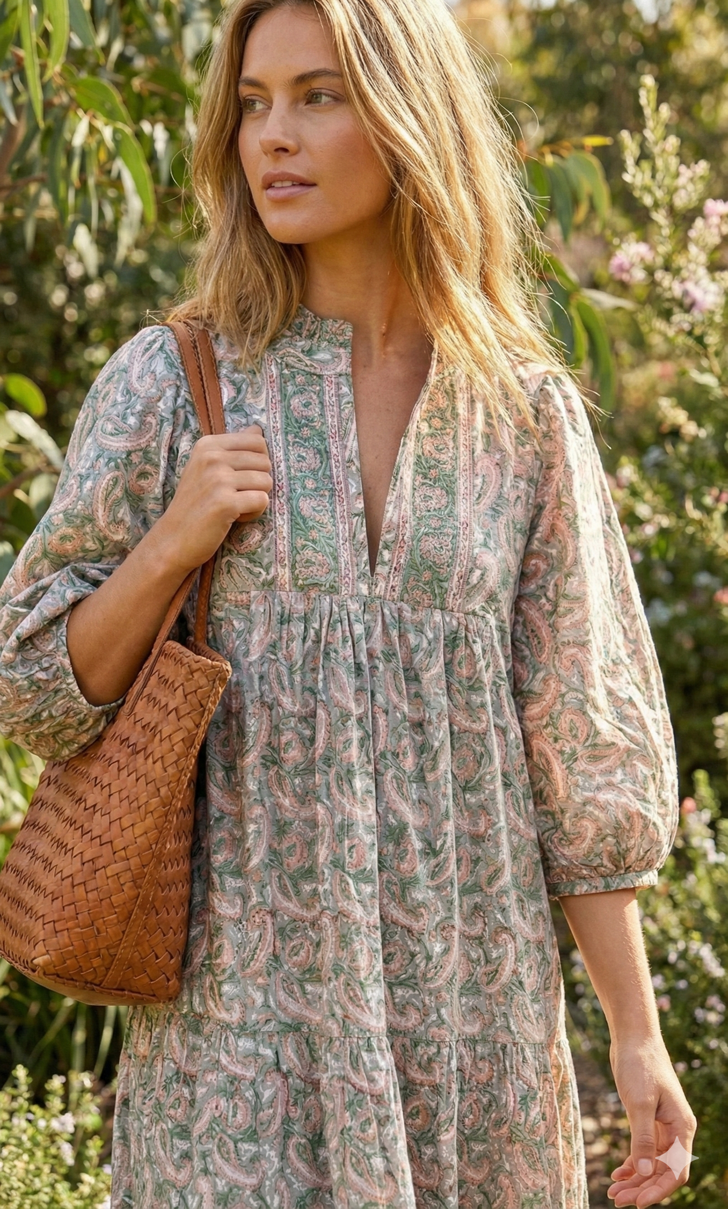 Sage Green Paisley Hand Block Printed Cotton Maxi Dress – Indian Boho Tiered Long Dress