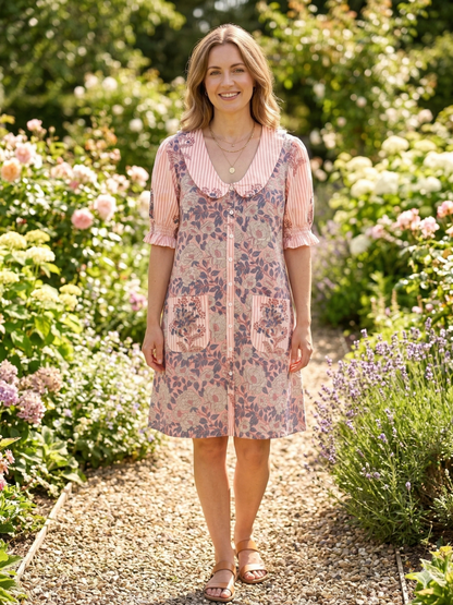 Peach Pink Floral Print Cotton Mini Dress – Boho Peter Pan Collar Dress with Striped Details