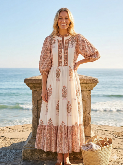 Rose Red Floral Hand Block Print Cotton Maxi Dress – Indian Boho Tiered Style