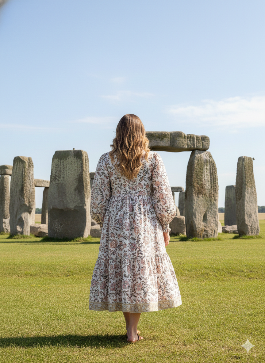 Ivory Pink Floral Hand Block Printed Cotton Midi Dress – Puff Sleeve Boho Indian Dress