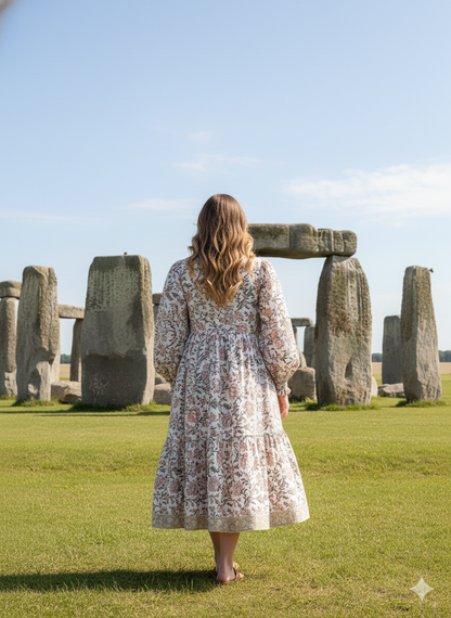 Ivory Pink Floral Hand Block Printed Cotton Midi Dress – Puff Sleeve Boho Indian Dress