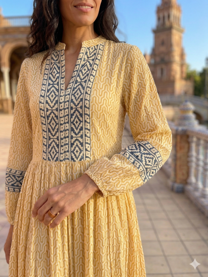 Mustard Yellow Geometric Block Print Cotton Maxi Dress – Boho Indian Tiered Dress