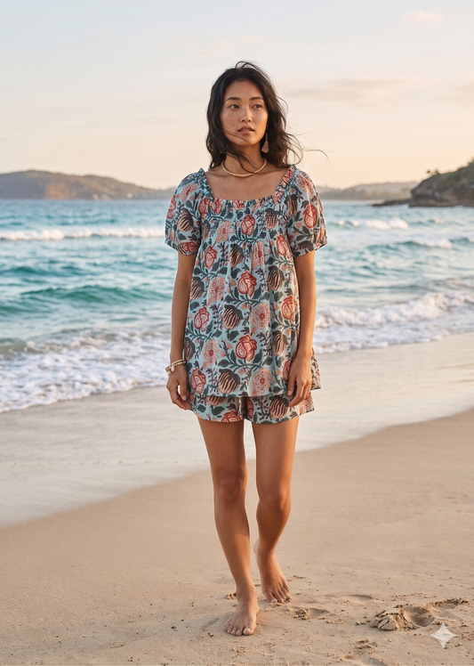Heirloom Floral Lounge Set - Cottagecore Smocked Top and Matching Shorts