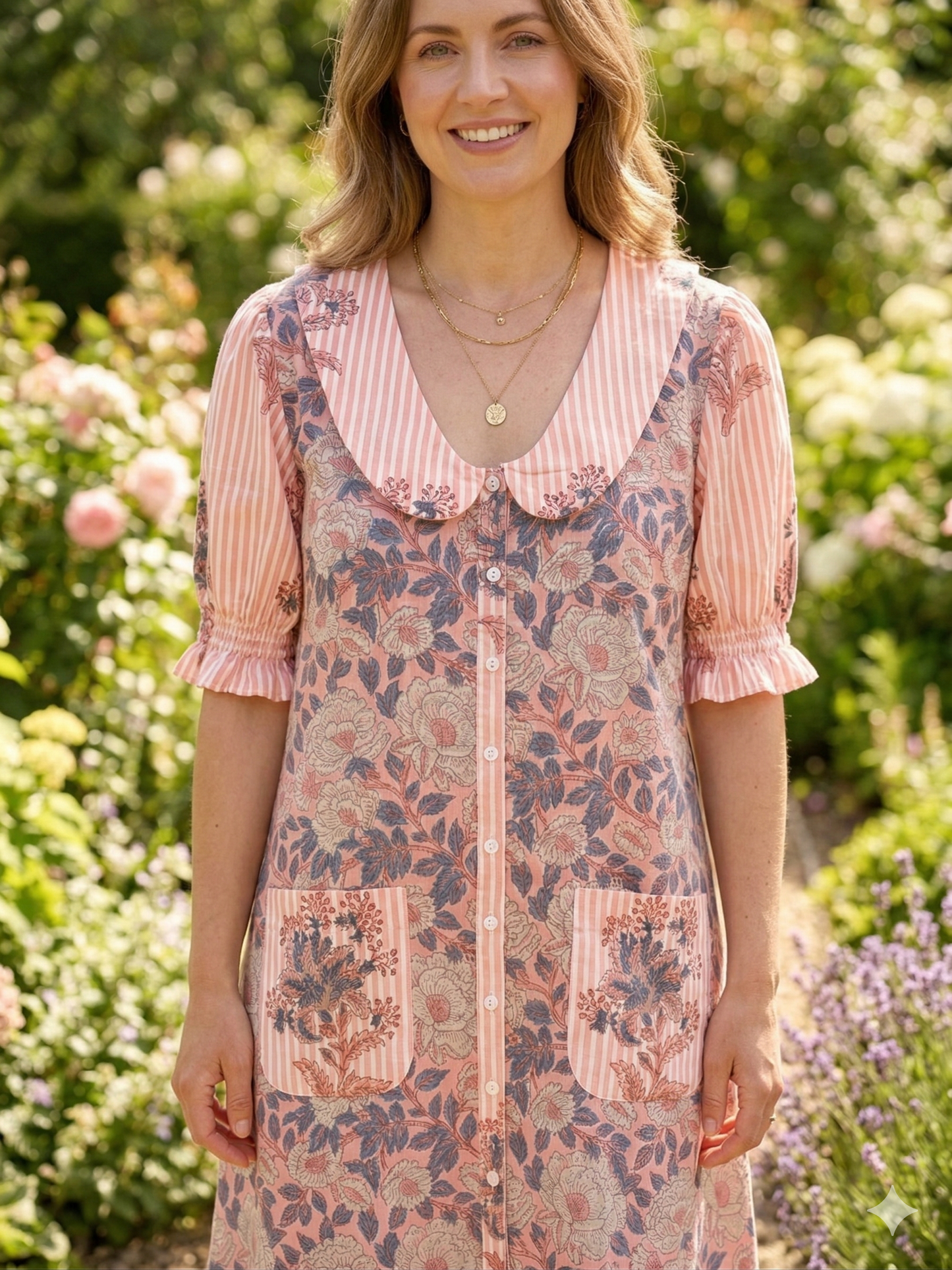 Peach Pink Floral Print Cotton Mini Dress – Boho Peter Pan Collar Dress with Striped Details