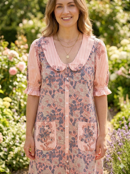 Peach Pink Floral Print Cotton Mini Dress – Boho Peter Pan Collar Dress with Striped Details