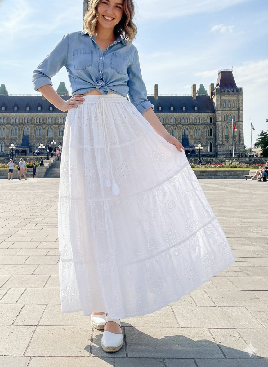 White Eyelet Cotton Maxi Skirt – Tiered Boho Elastic Waist Summer Skirt