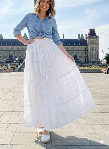 White Eyelet Cotton Maxi Skirt – Tiered Boho Elastic Waist Summer Skirt