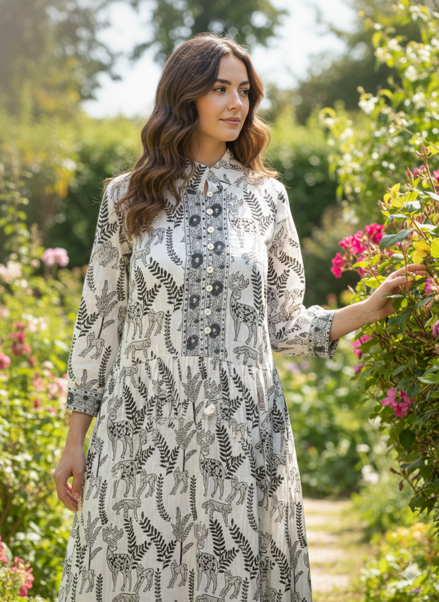 Grey Animal Print Hand Block Printed Cotton Maxi Dress – Bohemian Long Dress