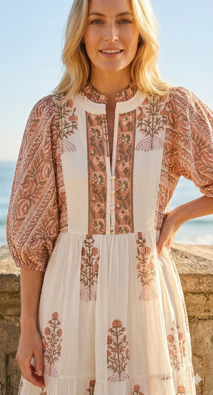 Rose Red Floral Hand Block Print Cotton Maxi Dress – Indian Boho Tiered Style