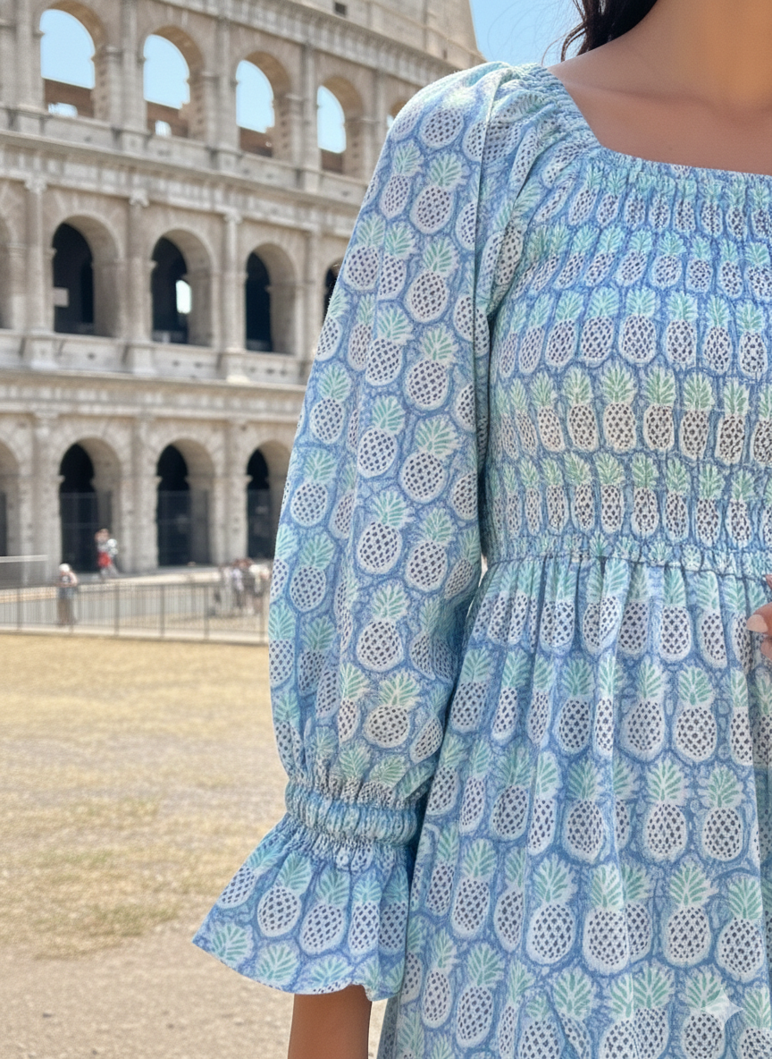Blue Smocked Cotton Dress – Long Sleeve Floral Block Print Midi Dress