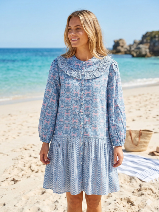 Blue Floral Cotton Mini Dress – Hand Block Print Boho Ruffle Neck Maxi