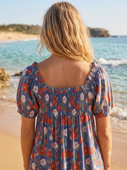 Blue Floral Printed Top and Shorts Set for Women, Smocked Puff Sleeve Cotton Lounge Set with Pockets