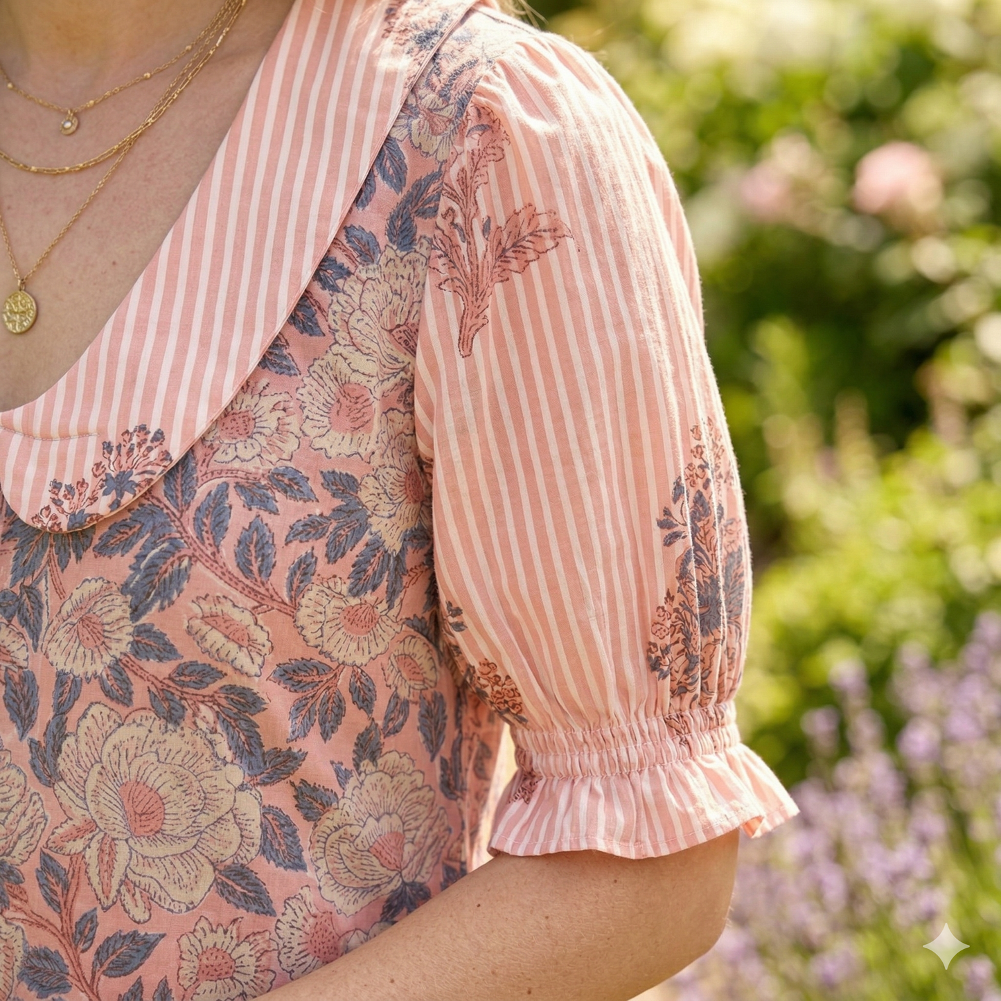 Peach Pink Floral Print Cotton Mini Dress – Boho Peter Pan Collar Dress with Striped Details