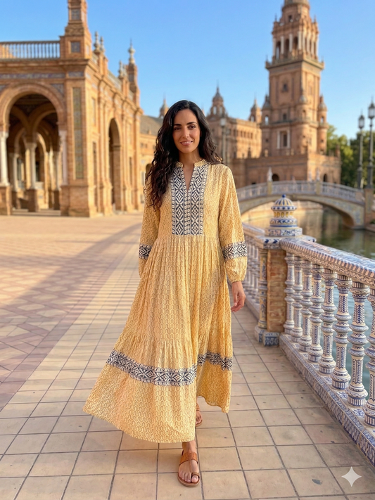 Mustard Yellow Geometric Block Print Cotton Maxi Dress – Boho Indian Tiered Dress