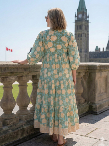Sea Green Floral Hand Block Printed Cotton Maxi Dress – Boho Puff Sleeve Dress
