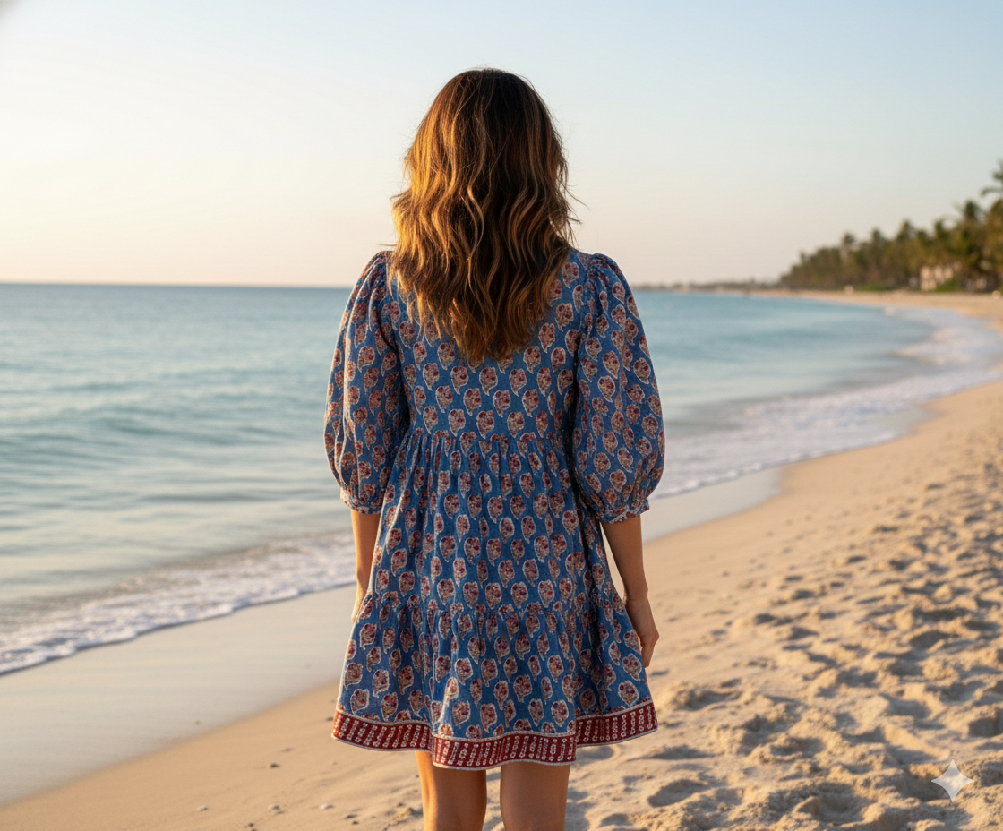 Blue Red Floral Hand Block Printed Cotton Midi Dress – Boho Indian Tiered Dress
