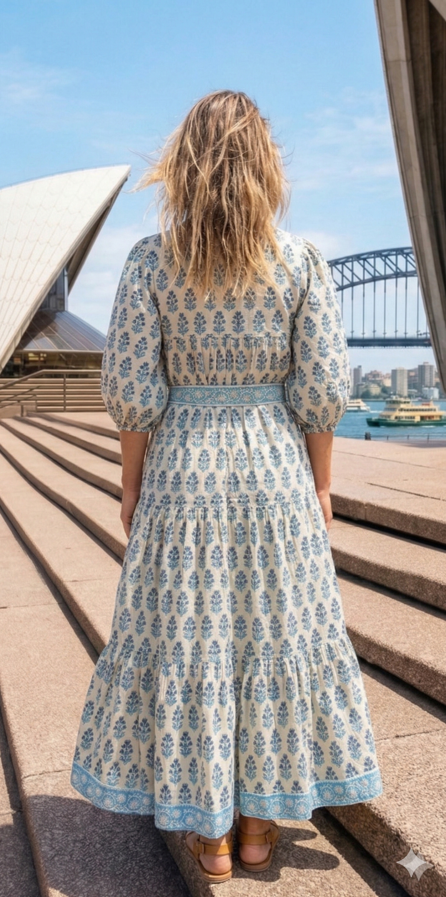 Cream Teal Floral Hand Block Print Cotton Maxi Dress – Boho Puff Sleeve Tiered Summer Dress