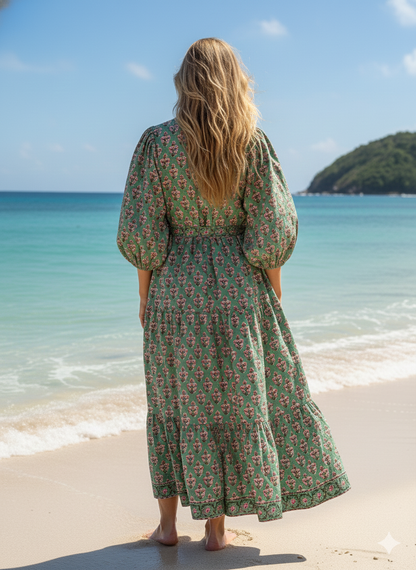 Sage Green Pink Floral Block Print Cotton Midi Dress – Boho Handmade Tiered Dress with Puff Sleeves & Contrast Yoke