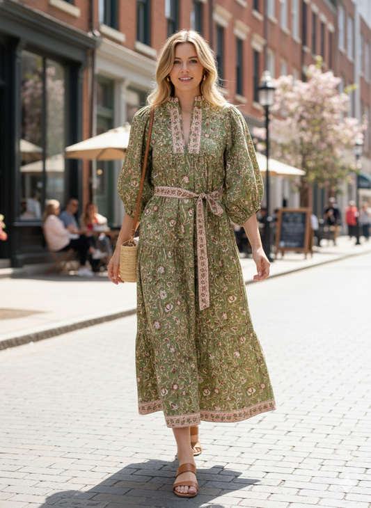 Olive Green Floral Block Print Cotton Maxi Dress – Indian Boho Long Dress