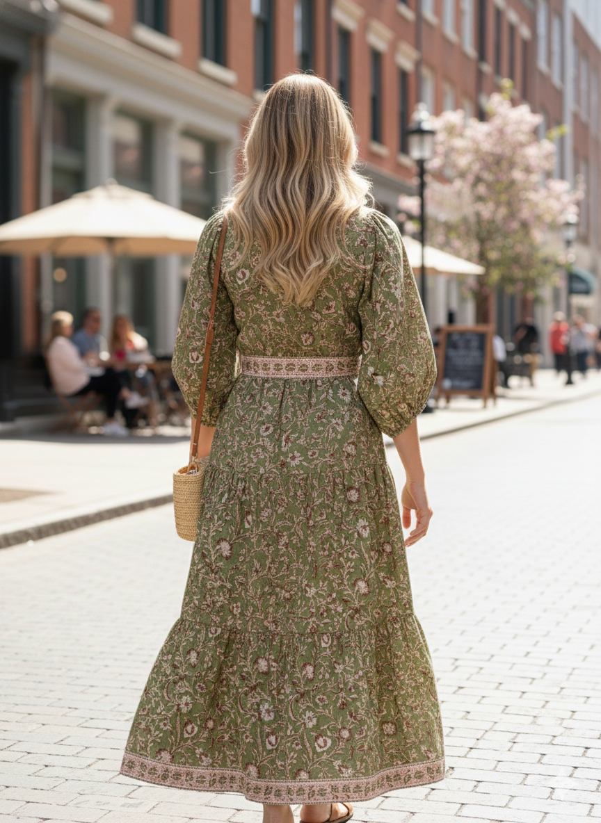 Olive Green Floral Block Print Cotton Maxi Dress – Indian Boho Long Dress