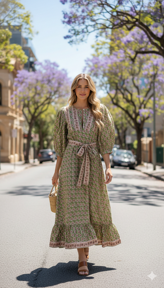 Olive Green Floral Block Print Cotton Maxi Dress – Indian Boho Long Dress