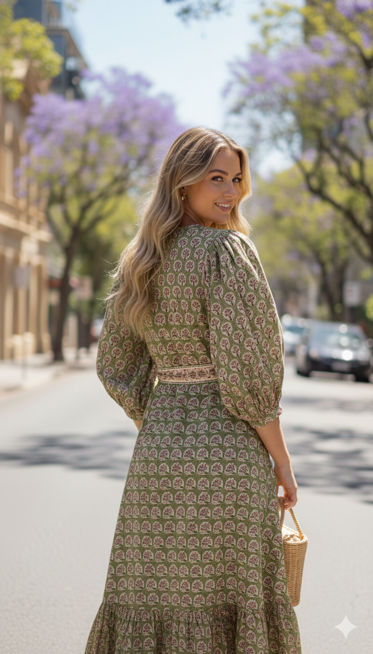 Olive Green Floral Block Print Cotton Maxi Dress – Indian Boho Long Dress
