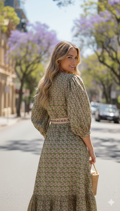 Olive Green Floral Block Print Cotton Maxi Dress – Indian Boho Long Dress