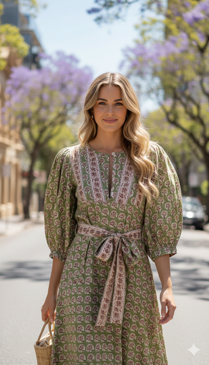 Olive Green Floral Block Print Cotton Maxi Dress – Indian Boho Long Dress
