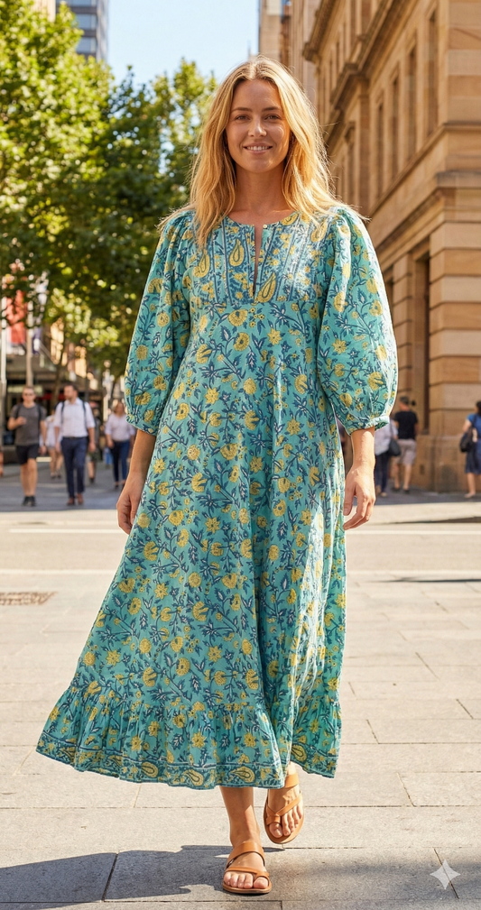 Aqua Blue Hand Block Printed Cotton Maxi Dress – Indian Boho Tiered Dress