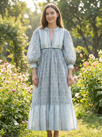 Blue Floral Hand Block Print Cotton Maxi Dress – Handmade Boho Dress