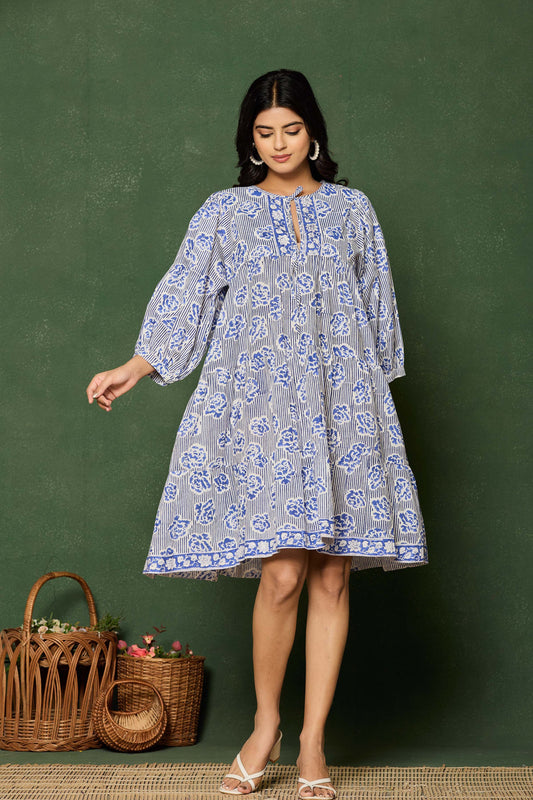 Blue Floral Hand Block Printed Cotton A-Line Mini Dress – Balloon Sleeves & Keyhole Neckline